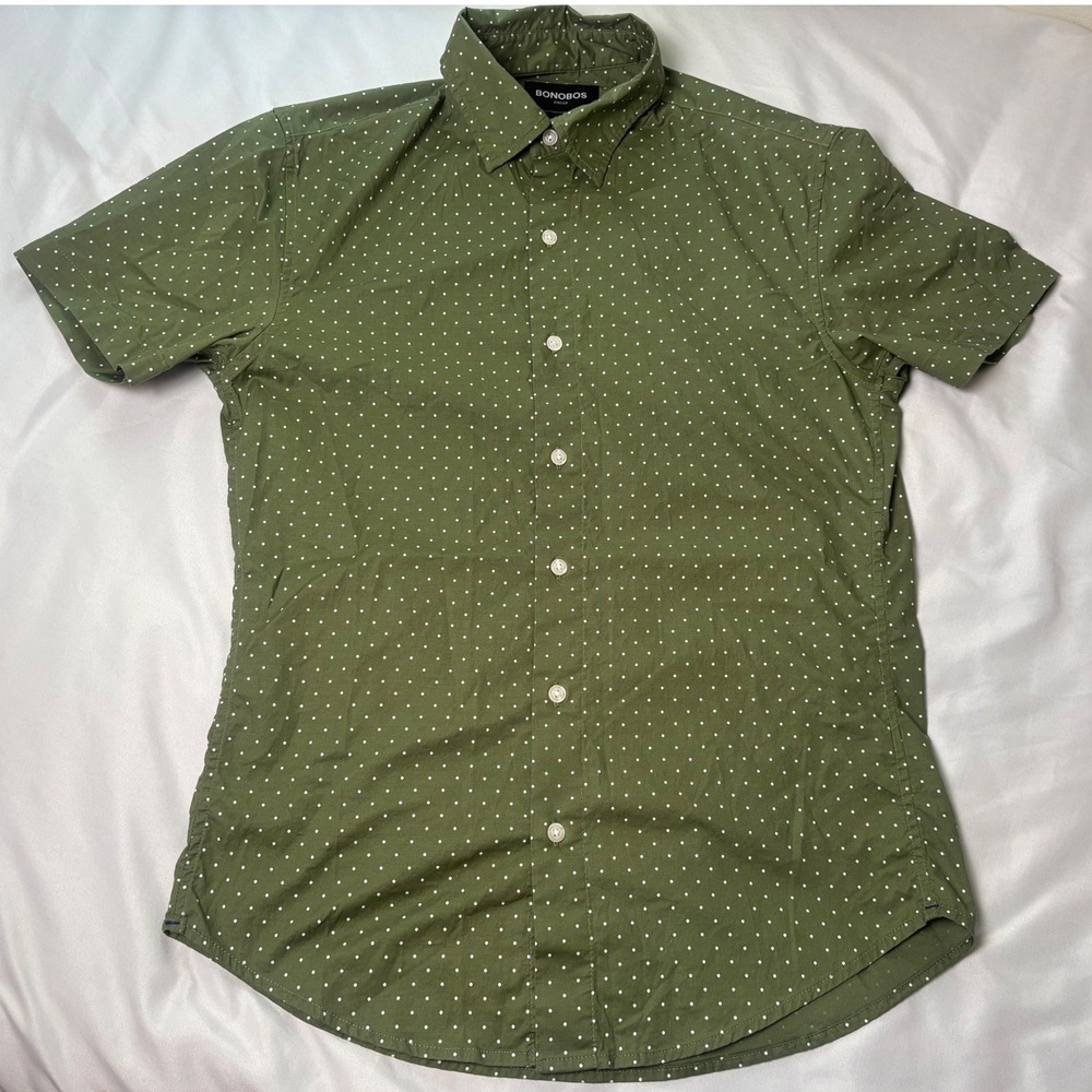 Bonobos Button Down Shirt Mens S Green Polka Dot Good Slim Fit Stretch Cotton